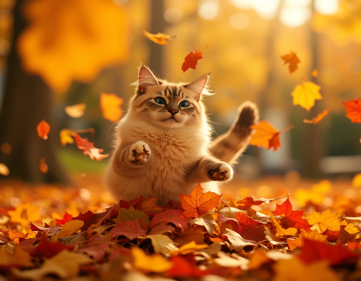 Cat jumps joyfully into a pile of autumn leaves, scattering vibrant colors and radiating playful energy.